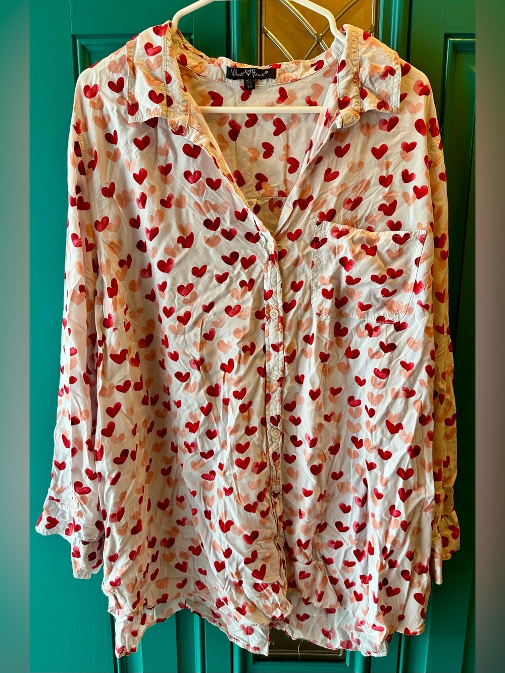 Velvet Heart Heart Print Button Down Shirt Blouse Plus Size 3X White Red Pink